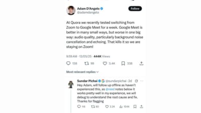 Sundar Pichai reacts to Google Meet audio quality issues. (X) Sundar Pichai reacts to Google Meet audio quality issues. (X)