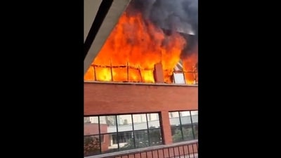 The fire erupted at around 8.55 am in Delhi University' Sri Guru Gobind Singh College of Commerce. (Screengrab/X/@ANI) The fire erupted at around 8.55 am in Delhi University' Sri Guru Gobind Singh College of Commerce. (Screengrab/X/@ANI)