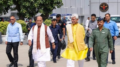 Defence minister Rajnath Singh is accompanied by J&K LG Manoj Sinha on his visit to Srinagar on May 15, 2025. (PTI)