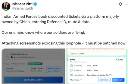 EaseMyTrip founder Nishant Pitti's X post about a rival site. (X/@nishantpitti) EaseMyTrip founder Nishant Pitti's X post about a rival site. (X/@nishantpitti)