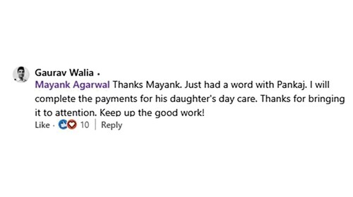 A LinkedIn user completed payments for Pankaj's daughter's day care (Screengrab: LinkedIn) A LinkedIn user completed payments for Pankaj's daughter's day care (Screengrab: LinkedIn)
