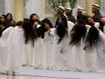 Dancers performed a traditional dance at Qasr Al Watan on the day US President Donald Trump met United Arab Emirates President Sheikh Mohamed bin Zayed Al Nahyan. 