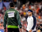 India's Neeraj Chopra and Pakistan's Arshad Nadeem during the men's javelin throw final at the 2024 Summer Olympics, in Paris. India's Neeraj Chopra and Pakistan's Arshad Nadeem during the men's javelin throw final at the 2024 Summer Olympics, in Paris.