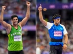 In this combo photo, (L-R) Pakistan's Arshad Nadeem and India's Neeraj Chopra during the Paris Olympics. In this combo photo, (L-R) Pakistan's Arshad Nadeem and India's Neeraj Chopra during the Paris Olympics.