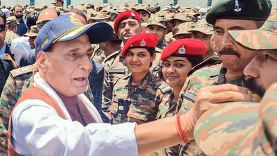 Defence minister Rajnath Singh interacts with army personnel during his visit to Badami Bagh Cantonment, in Srinagar on Thursday. (Office of LG J&K - X) Defence minister Rajnath Singh interacts with army personnel during his visit to Badami Bagh Cantonment, in Srinagar on Thursday. (Office of LG J&K - X)
