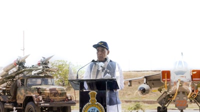 Bhuj, May 16 (ANI): Defence Minister Rajnath Singh addresses the gathering during his visit to Bhuj Air Force Station, in Bhuj on Friday. (ANI Photo) (ANI X)