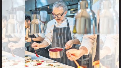 At the Osteria Francescana dinner in Bengaluru, Massimo Bottura was in the kitchen, plating every meal. (Culinary Culture) At the Osteria Francescana dinner in Bengaluru, Massimo Bottura was in the kitchen, plating every meal. (Culinary Culture)