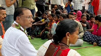 Chhattisgarh chief minister Vishnu Deo Sai (in white) with villagers in Dantewada on Thursday. (Photo from X) Chhattisgarh chief minister Vishnu Deo Sai (in white) with villagers in Dantewada on Thursday. (Photo from X)