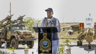 Defence minister Rajnath Singh at the Bhuj Air Force Station. (PTI) Defence minister Rajnath Singh at the Bhuj Air Force Station. (PTI)