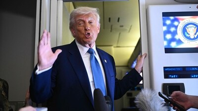 US President Donald Trump speaks to members of the media accompanying him aboard Airforce One, after leaving Abu Dhabi at the end of his Middle East tour on May 16, 2025. (AFP) US President Donald Trump speaks to members of the media accompanying him aboard Airforce One, after leaving Abu Dhabi at the end of his Middle East tour on May 16, 2025. (AFP)