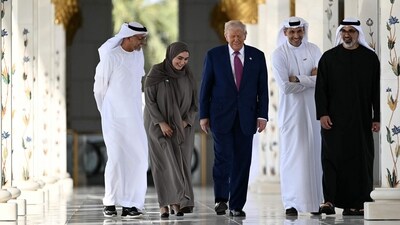 Trump toured the marble and gilded palaces of Gulf rulers and deemed them “perfecto” and “very hard to buy.” (AFP) Trump toured the marble and gilded palaces of Gulf rulers and deemed them “perfecto” and “very hard to buy.” (AFP)