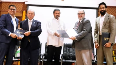 From Left: Vinay Maheshwari, ED MBU, Dr. Vahid Motevalli, Interim Vice Chancellor for Academic Affairs, Penn State University, Dr. M. Mohan Babu, Chancellor, MBU, Dr. David M. Callejo Pérez, Chancellor, Penn State University, Vishnu Manchu, Pro-Chancellor, MBU, during the MOA signing. From Left: Vinay Maheshwari, ED MBU, Dr. Vahid Motevalli, Interim Vice Chancellor for Academic Affairs, Penn State University, Dr. M. Mohan Babu, Chancellor, MBU, Dr. David M. Callejo Pérez, Chancellor, Penn State University, Vishnu Manchu, Pro-Chancellor, MBU, during the MOA signing.
