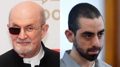 Author Salman Rushdie (left) and Hadi Matar (right), who blinded him in one eye by stabbing. (AP File) Author Salman Rushdie (left) and Hadi Matar (right), who blinded him in one eye by stabbing. (AP File)