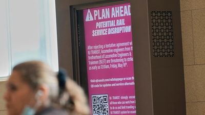 An electronic display advises commuters of potential NJ Transit service disruptions at the Secaucus Junction station in Secaucus, N.J., Wednesday, May 14, 2025. (AP Photo/Seth Wenig) (AP) An electronic display advises commuters of potential NJ Transit service disruptions at the Secaucus Junction station in Secaucus, N.J., Wednesday, May 14, 2025. (AP Photo/Seth Wenig) (AP)