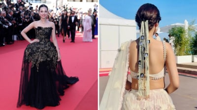 Nitanshi Goel walked the Cannes red carept in a black cage gown (L) but first appeared at the India Pavillion in an ivory saree (R). Nitanshi Goel walked the Cannes red carept in a black cage gown (L) but first appeared at the India Pavillion in an ivory saree (R).