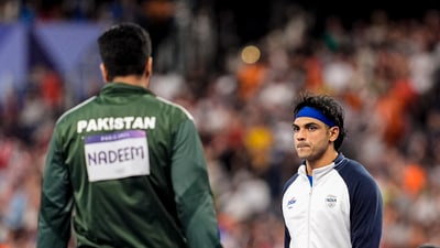 India's Neeraj Chopra and Pakistan's Arshad Nadeem during the men's javelin throw final at the 2024 Summer Olympics, in Paris. (PTI) India's Neeraj Chopra and Pakistan's Arshad Nadeem during the men's javelin throw final at the 2024 Summer Olympics, in Paris. (PTI)