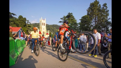 Participants during the 12th MTB cycle rally at The Ridge in Shimla on Friday. (PTI)