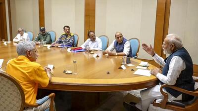 Prime Minister Narendra Modi interacts with defence minister Rajnath Singh, external affairs minister S Jaishankar (left), National Security Advisor Ajit Doval and the tri-services chiefs. (PMO) Prime Minister Narendra Modi interacts with defence minister Rajnath Singh, external affairs minister S Jaishankar (left), National Security Advisor Ajit Doval and the tri-services chiefs. (PMO)