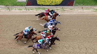 Jockeys race fiercely on Black-Eyed Susan Day, setting the stage for the 150th Preakness Stakes at Pimlico Race Course. Emilee Chinn/Getty Images/AFP (Photo by Emilee Chinn / GETTY IMAGES NORTH AMERICA / Getty Images via AFP) (Getty Images via AFP) Jockeys race fiercely on Black-Eyed Susan Day, setting the stage for the 150th Preakness Stakes at Pimlico Race Course. Emilee Chinn/Getty Images/AFP (Photo by Emilee Chinn / GETTY IMAGES NORTH AMERICA / Getty Images via AFP) (Getty Images via AFP)