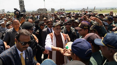 Defence Minister Rajnath Singh interacts with air force personnel as he departs from Srinagar International Airport. (X/Rajnath Singh) Defence Minister Rajnath Singh interacts with air force personnel as he departs from Srinagar International Airport. (X/Rajnath Singh)