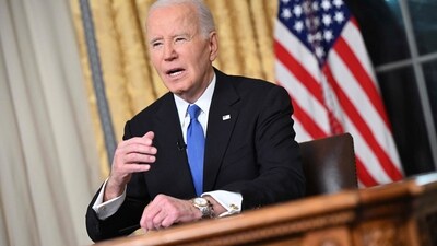 US President Joe Biden gestures as he delivers his farewell address to the nation from the Oval Office of the White House (AFP) US President Joe Biden gestures as he delivers his farewell address to the nation from the Oval Office of the White House (AFP)