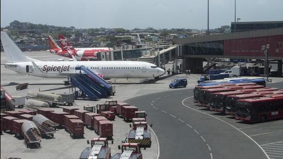 Mumbai, India - May 28, 2020: Planes parked at The Chatrapati Shivaji Maharaj International Airport. A media tour was conducted to witness the preparedness at CSMIA post resuming its domestic air service operation in Mumbai, India, on Thursday, May 28, 2020. (Photo by Satyabrata Tripathy/Hindustan Times) (Satyabrata Tripathy/HT Photo)