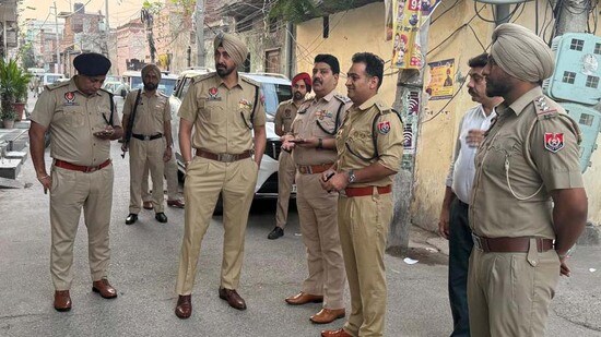 Police officials during a search operation as part of the drive in the city on Friday. (HT Photo)