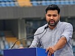Rohit Sharma, the former captain of India, speaks during an event to unveil a cricket stand after his name at the Wankhede Stadium in Mumbai. Rohit Sharma, the former captain of India, speaks during an event to unveil a cricket stand after his name at the Wankhede Stadium in Mumbai.