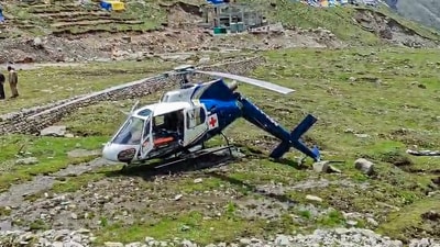 Helicopter of AIIMS Rishikesh's heli ambulance service crash-landed in Kedarnath due to damage to the rear part of the helicopter, in Rudraprayag on Saturday. (ANI) Helicopter of AIIMS Rishikesh's heli ambulance service crash-landed in Kedarnath due to damage to the rear part of the helicopter, in Rudraprayag on Saturday. (ANI)