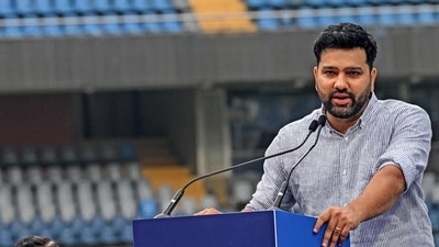 Rohit Sharma, the former captain of India, speaks during an event to unveil a cricket stand after his name at the Wankhede Stadium in Mumbai. (AFP) Rohit Sharma, the former captain of India, speaks during an event to unveil a cricket stand after his name at the Wankhede Stadium in Mumbai. (AFP)