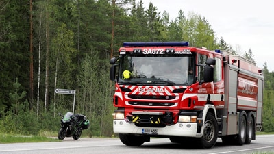 A fire department vehicle is seen near the crash site close to the Eura Airfield in Eura, Finland, on May 17, 2025. (Reuters)