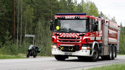 A fire department vehicle is seen near the crash site close to the Eura Airfield in Eura, Finland, on May 17, 2025. (via REUTERS)