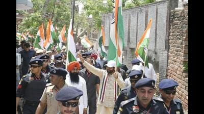 Haryana chief minister Nayab Singh Saini during the Tiranga Yatra in Ladwa on Saturday. (HT Photo)