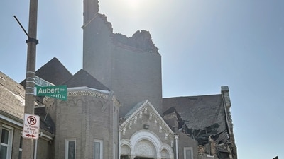 Part of Centennial Christian Church in St. Louis, Missouri, collapsed on Friday, May 16, 2025 when severe storms, including a possible tornado, swept through the city. (AP) Part of Centennial Christian Church in St. Louis, Missouri, collapsed on Friday, May 16, 2025 when severe storms, including a possible tornado, swept through the city. (AP)
