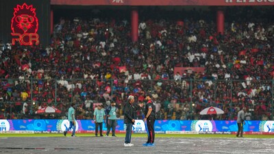 Rain interrupts play at the M Chinnaswamy Stadium during RCB's match against Punjab Kings earlier this season. (PTI) Rain interrupts play at the M Chinnaswamy Stadium during RCB's match against Punjab Kings earlier this season. (PTI)