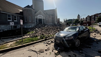 Part of Centennial Christian Church in St. Louis, Missouri, collapsed on Friday, May 16, 2025 when severe storms, including a possible tornado, swept through the city. (AP Photo/Michael Phillis) (AP) Part of Centennial Christian Church in St. Louis, Missouri, collapsed on Friday, May 16, 2025 when severe storms, including a possible tornado, swept through the city. (AP Photo/Michael Phillis) (AP)