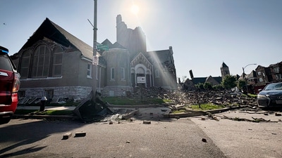 Part of Centennial Christian Church in St. Louis, Missouri, collapsed on Friday, May 16, 2025 when severe storms, including a possible tornado, swept through the city. (AP Photo/Michael Phillis) (AP) Part of Centennial Christian Church in St. Louis, Missouri, collapsed on Friday, May 16, 2025 when severe storms, including a possible tornado, swept through the city. (AP Photo/Michael Phillis) (AP)