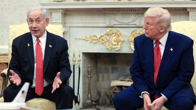 President Donald Trump, right, listens as Israel's Prime Minister Benjamin Netanyahu speaks during a meeting in the Oval Office at the White House in Washington, April 7, 2025. (AP) President Donald Trump, right, listens as Israel's Prime Minister Benjamin Netanyahu speaks during a meeting in the Oval Office at the White House in Washington, April 7, 2025. (AP)