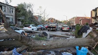 A fallen tree blocks the road next to damaged cars and debris from nearby homes covers the street, after a powerful tornado ripped through the city of St. Louis, Missouri,U.S. May 16, 2025. REUTERS/Lawrence Bryant (REUTERS)
