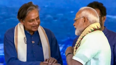 In this screengrab from a video released by PMO on May 2, 2025, Prime Minister Narendra Modi and Congress MP Shashi Tharoor are seen during the inauguration of the Vizhinjam International Seaport, in Thiruvananthapuram. (PMO) In this screengrab from a video released by PMO on May 2, 2025, Prime Minister Narendra Modi and Congress MP Shashi Tharoor are seen during the inauguration of the Vizhinjam International Seaport, in Thiruvananthapuram. (PMO)