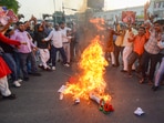 BJP activists protest against Samajwadi Party (SP) chief Akhilesh Yadav over his alleged objectionable remarks against Uttar Pradesh deputy chief minister Brajesh Pathak on social media, in Lucknow. BJP activists protest against Samajwadi Party (SP) chief Akhilesh Yadav over his alleged objectionable remarks against Uttar Pradesh deputy chief minister Brajesh Pathak on social media, in Lucknow.