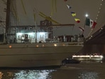 A Mexican navy ship sits in the water after it hit the Brooklyn Bridge on Saturday, May 17, 2025 in New York. 