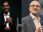 Sundar Pichai (L) and Satya Nadella (R) are both India-born executives leading two of the world's largest tech companies.
