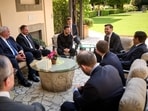 Ukrainian Presidential press-service on May 18, 2025 shows the President Volodymyr Zelensky (C-L),Vice President of the United States JD Vance (C) and  U.S. Secretary of State Marco Rubio (C-R) talking during their meeting in Rome. 
