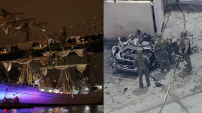 Brooklyn Bridge ship collision and Palm Springs explosion have fueled online theories. (AP)