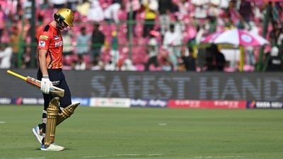 Punjab Kings' Mitchell Owen walks back to the pavilion after his dismissal during the Indian Premier League (IPL) Twenty20 cricket match between Rajasthan Royals and Punjab Kings at the Sawai Mansingh Stadium in Jaipur on May 18, 2025. (AFP) Punjab Kings' Mitchell Owen walks back to the pavilion after his dismissal during the Indian Premier League (IPL) Twenty20 cricket match between Rajasthan Royals and Punjab Kings at the Sawai Mansingh Stadium in Jaipur on May 18, 2025. (AFP)