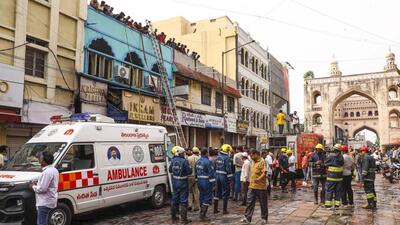 Firefighters at work after a fire broke out in a building near Gulzar Houz in the Old City area of Hyderabad in Telangana, Sunday, May 18, 2025.