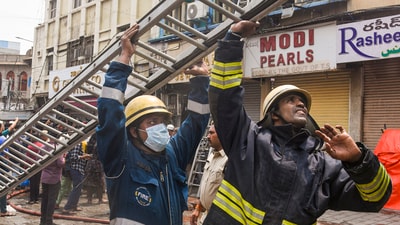 Several fire engines were dispatched to the spot to bring the blaze, that is suspected to have been caused by a short-circuit, under control. (PTI) Several fire engines were dispatched to the spot to bring the blaze, that is suspected to have been caused by a short-circuit, under control. (PTI)