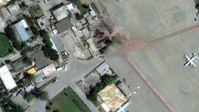 This satellite image provided by Maxar Technologies shows Nur Khan Air Base with damaged buildings after a strike during hostilities with India in Rawalpindi. (AP)