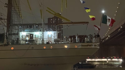 A Mexican navy ship sits in the water after it hit the Brooklyn Bridge on Saturday, May 17, 2025 in New York. (AP) A Mexican navy ship sits in the water after it hit the Brooklyn Bridge on Saturday, May 17, 2025 in New York. (AP)